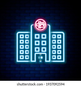 Glowing neon line Veterinary medicine hospital, clinic or pet shop for animals icon isolated on brick wall background. Vet or veterinarian clinic. Colorful outline concept. Vector