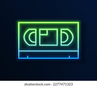 Glowing neon line VHS video cassette tape icon isolated on blue background.  Vector