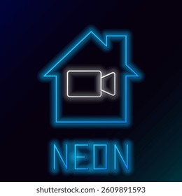 Glowing neon line Video camera Off in home icon isolated on black background. No video. Colorful outline concept. Vector