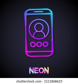 Glowing neon line Video chat conference icon isolated on black background. Online meeting work form home. Remote project management.  Vector