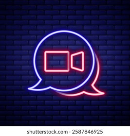 Glowing neon line Video chat conference icon isolated on brick wall background. Online meeting work form home. Remote project management. Colorful outline concept. Vector