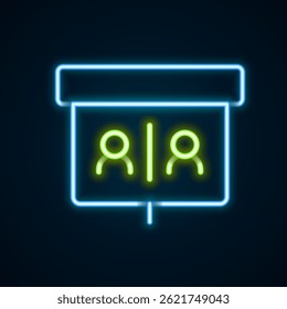 Glowing neon line Video chat conference icon isolated on black background. Online meeting work form home. Remote project management. Colorful outline concept. Vector