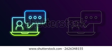 Glowing neon line Video chat conference icon isolated on black background. Online meeting work form home. Remote project management.  Vector