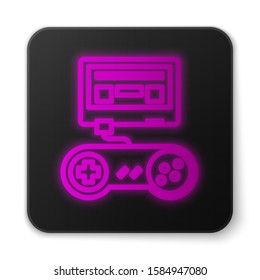 Glowing neon line Video game console with joystick icon isolated on white background. Black square button. Vector Illustration
