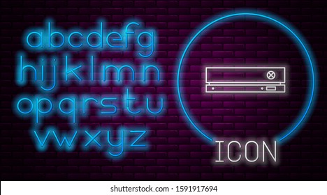 Glowing neon line Video game console icon isolated on brick wall background. Neon light alphabet. Vector Illustration