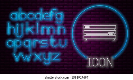 Glowing neon line Video game console icon isolated on brick wall background. Neon light alphabet. Vector Illustration