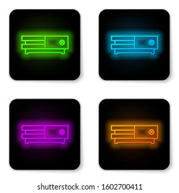 Glowing neon line Video game console icon isolated on white background. Black square button. Vector Illustration