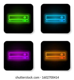 Glowing neon line Video game console icon isolated on white background. Black square button. Vector Illustration