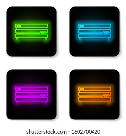 Glowing neon line Video game console icon isolated on white background. Black square button. Vector Illustration