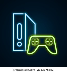 Glowing neon line Video game console with joystick icon isolated on black background. Colorful outline concept. Vector