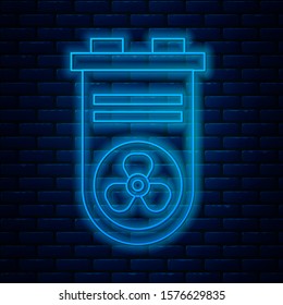 Glowing neon line Video graphic card icon isolated on brick wall background.  Vector Illustration