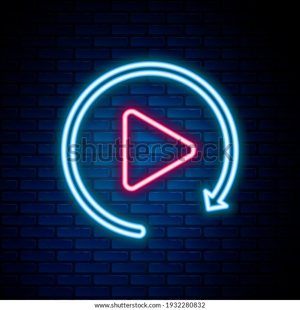 Glowing neon line Video play button like simple\
replay icon isolated on brick wall background. Colorful outline\
concept. Vector