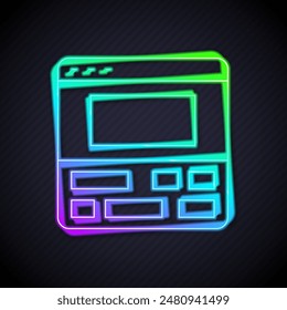 Glowing neon line Video recorder or editor software on laptop icon isolated on black background. Video editing on a laptop.  Vector