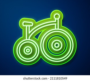 Glowing neon line Vintage bicycle with one big wheel and one small icon isolated on blue background. Bike public transportation sign.  Vector