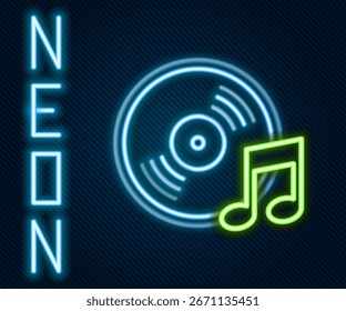 Icono de disco de vinilo de línea de neón brillante aislado sobre fondo negro. Concepto de contorno colorido. Ilustración vectorial