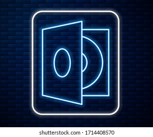 Glowing neon line Vinyl player with a vinyl disk icon isolated on brick wall background.  Vector Illustration