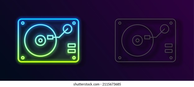 Jugador de vinilo de línea de neón brillante con un icono de disco de vinilo aislado en fondo negro.  Vector