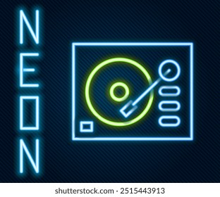 Glowing neon line Vinyl player with a vinyl disk icon isolated on black background. Colorful outline concept. Vector Illustration