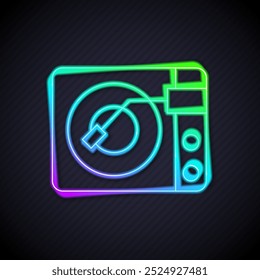 Glowing neon line Vinyl player with a vinyl disk icon isolated on black background.  Vector