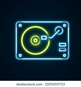 Glowing neon line Vinyl player with a vinyl disk icon isolated on black background. Colorful outline concept. Vector