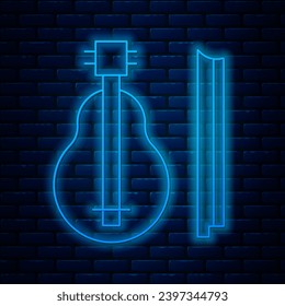 Glowing neon line Violin icon isolated on brick wall background. Musical instrument.  Vector