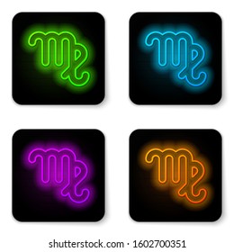 Glowing neon line Virgo zodiac sign icon isolated on white background. Astrological horoscope collection. Black square button. Vector Illustration