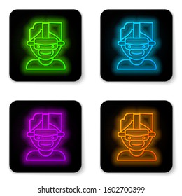 Glowing neon line Virtual reality glasses icon isolated on white background. Stereoscopic 3d vr mask. Black square button. Vector Illustration
