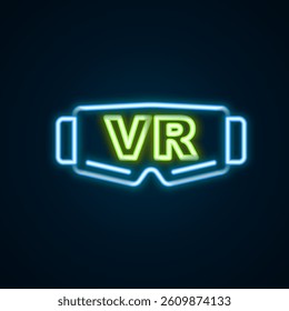 Glowing neon line Virtual reality glasses icon isolated on black background. Stereoscopic 3d vr mask. Optical head mounted display. Colorful outline concept. Vector