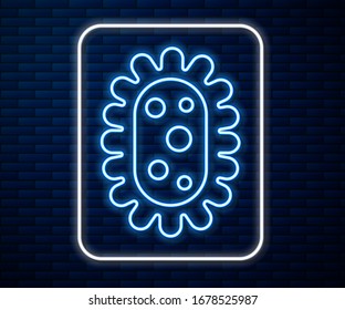 Glowing neon line Virus icon isolated on brick wall background. Corona virus 2019-nCoV. Bacteria and germs, cell cancer, microbe, fungi.  Vector Illustration