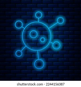 Glowing neon line Virus icon isolated on brick wall background. Corona virus 2019-nCoV. Bacteria and germs, cell cancer, microbe, fungi.  Vector Illustration