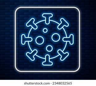 Glowing neon line Virus icon isolated on brick wall background. Corona virus 2019-nCoV. Bacteria and germs, cell cancer, microbe, fungi.  Vector