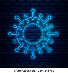 Glowing neon line Virus icon isolated on brick wall background. Corona virus 2019-nCoV. Bacteria and germs, cell cancer, microbe, fungi.  Vector Illustration