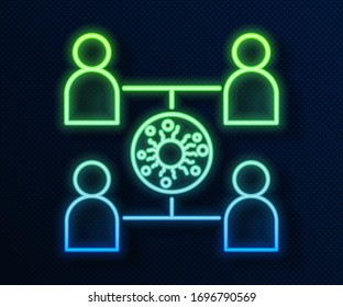 Glowing neon line Virus spread icon isolated on blue background. Coronavirus infection infographics.  Vector Illustration