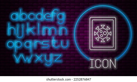 Glühende Neonline-Virusstatistiken auf Monitorsymbol einzeln auf Backsteinmauern-Hintergrund. Corona-Virus 2019-nCoV. Bakterien und Keime, Zellkrebs, Mikrobe, Pilze. Neonlichtalphabet. Vektorgrafik