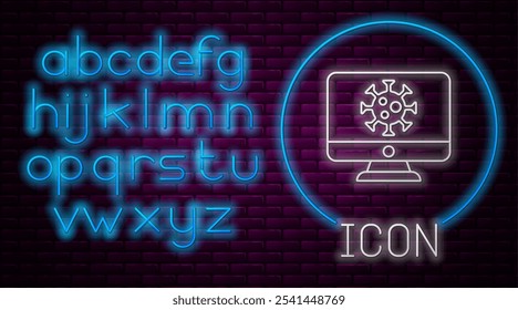 Glowing neon line Virus statistics on monitor icon isolated on brick wall background. Corona virus 2019-nCoV. Bacteria and germs, cell cancer, microbe, fungi. Neon light alphabet. Vector