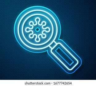 Glowing neon line Virus under magnifying glass icon isolated on blue background. Corona virus 2019-nCoV. Bacteria and germs, microbe, fungi.  Vector Illustration