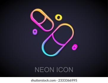 Glowing neon line Vitamin complex of pill capsule icon isolated on black background. Healthy lifestyle.  Vector