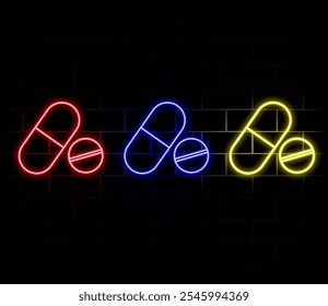 Glowing neon line Vitamin complex of pill capsule icon isolated on black background. Healthy lifestyle. Vector.