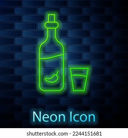 Glowing neon line Vodka with pepper and glass icon isolated on brick wall background. Ukrainian national alcohol.  Vector