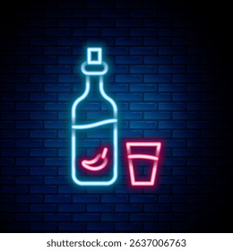 Glowing neon line Vodka with pepper and glass icon isolated on brick wall background. Ukrainian national alcohol. Colorful outline concept. Vector