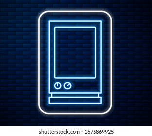 Glowing neon line Voice assistant icon isolated on brick wall background. Voice control user interface smart speaker.  Vector Illustration