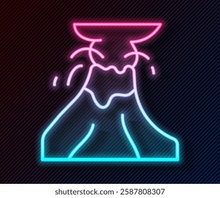 Glowing neon line Volcano eruption with lava icon isolated on black background.  Vector