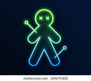 Glowing neon line Voodoo doll icon isolated on blue background.  Vector Illustration