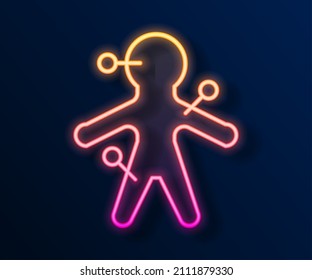 Glowing neon line Voodoo doll icon isolated on black background.  Vector