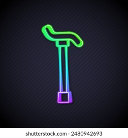 Glowing neon line Walking stick cane icon isolated on black background.  Vector