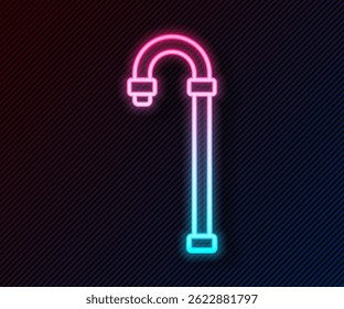 Glowing neon line Walking stick cane icon isolated on black background.  Vector