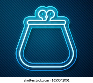Glowing neon line Wallet icon isolated on blue background. Purse icon. Cash savings symbol.  Vector Illustration