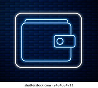 Glowing neon line Wallet icon isolated on brick wall background. Purse icon. Cash savings symbol.  Vector Illustration