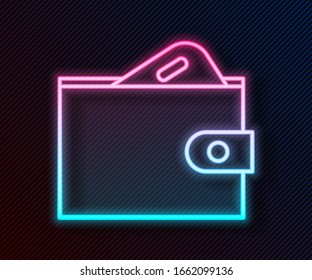 Cartera de neón brillante con un icono de dinero en efectivo de papel apilado aislado en fondo negro. Icono de compra. Símbolo de ahorro de efectivo. Ilustración vectorial