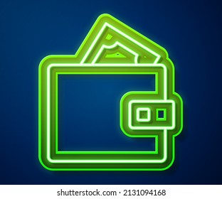 Glowing neon line Wallet with stacks paper money cash icon isolated on blue background. Purse icon. Cash savings symbol.  Vector